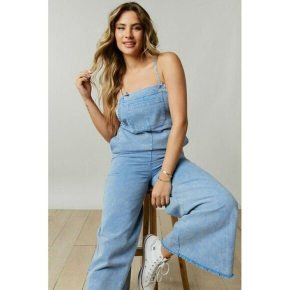 Just A Normal Girl Washed Denim Jumpsuit in Blue - Picture 1 of 5
